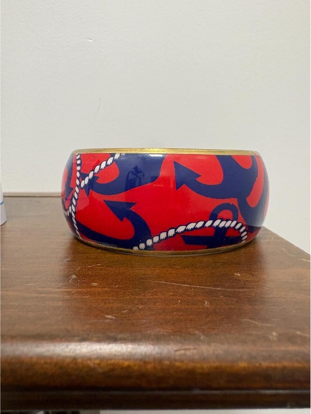 Vintage Nautical Anchor Rope Wide Bangle Bracelet Red Navy Blue Brass Tone
